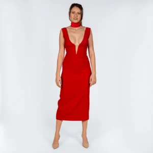 Rochie rosie midi cu decolteu adanc fata/spate